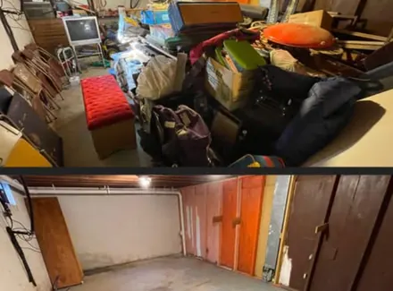 Before and after of a basement cleanout: full of chairs, bags and boxes, then empty